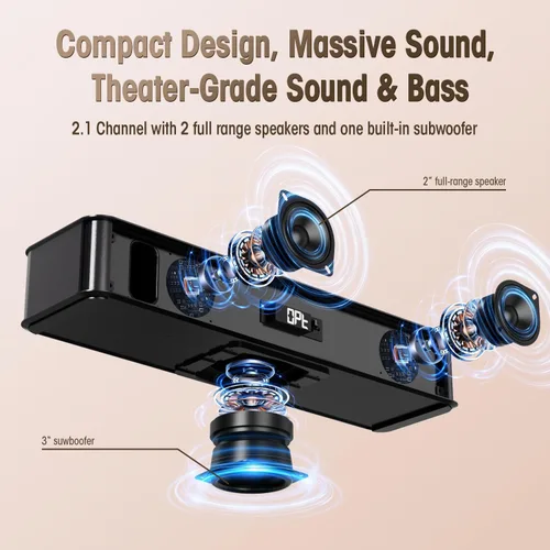Vista 4 de BESTISAN Barra de sonido de 2.1 canales para TV, compacta de 16.5 pulgadas con subwoofer integrado, entrada ARC/Opt/AUX/USB, aumento de volumen