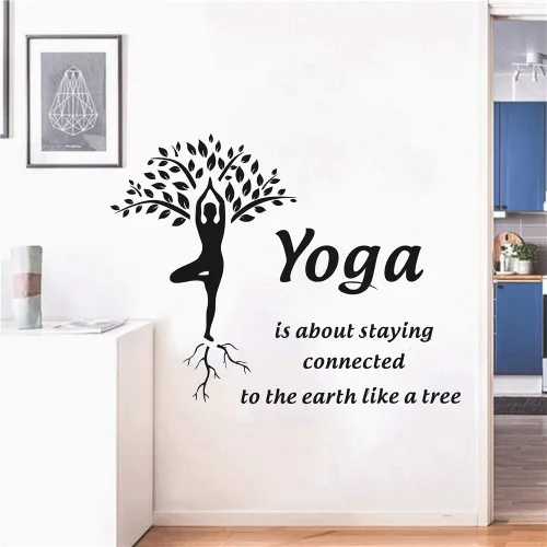 Vista 6 de Adhesivo de pared de árbol de yoga de 23 x 33 pulgadas, calcomanía de vinilo con cita para fitness y meditación, conectado a la tierra como un