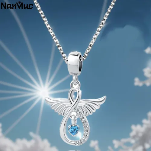 Vista 3 de NanMuc Collar de guardián de alas de ángel para mujer, colgante de cristal azul con corazón para nieta, joyería de cumpleaños, Metal, Base