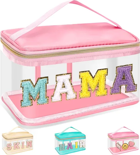 Vista 24 de izuzta Bolsas de maquillaje transparentes con letras de chenilla, bolsa de maquillaje de parche preppy con asa