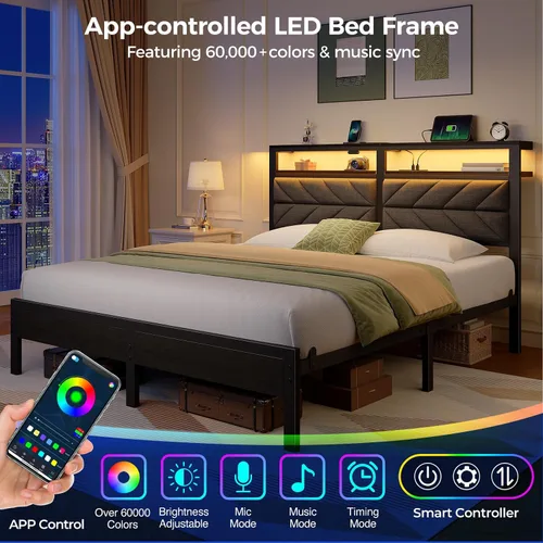 Vista 6 de Seventable Base de cama de tamaño matrimonial con estación de carga y luces LED, cabecera tapizada con estantes de almacenamiento, plataforma