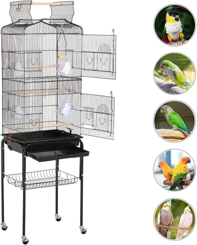 Vista 9 de Yaheetech - Jaula para pájaros con tapa abierta, 64 pulgadas, para periquitos y cacatúas, color negro Detachable Rolling Stand, Easy-clean Slide