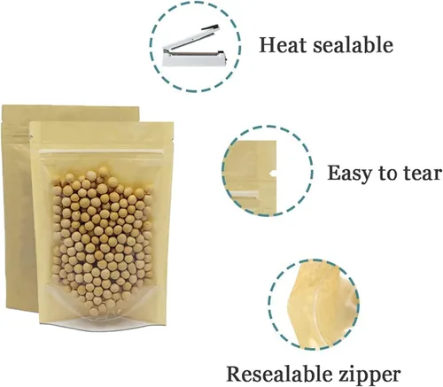 Vista 2 de PABCK 50 Piezas Bolsas de Papel Kraft Marrón con Frente Transparente de Pie Herméticas 3.9x5.9 pulgadas para Almacenamiento de Alimentos