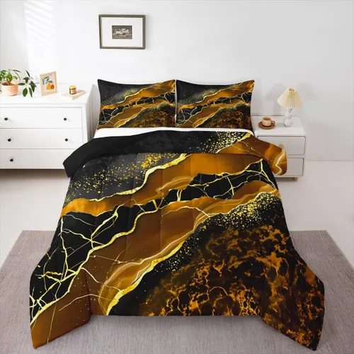 Vista 16 de Juego de edredón de mármol negro individual, ropa de cama dorada agrietada para adultos, hombres y mujeres, juegos de edredón de textura metálica