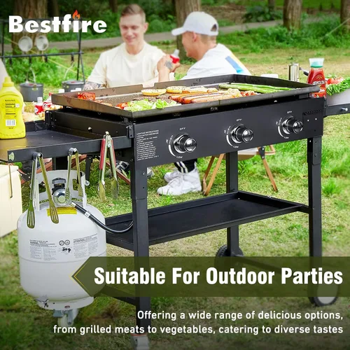 Vista 6 de BESTFIRE Parrilla plana de 3 quemadores de 35 pulgadas, parrilla plana de 45,000 BTU para cocinar al aire libre con dos estantes plegables, parrilla