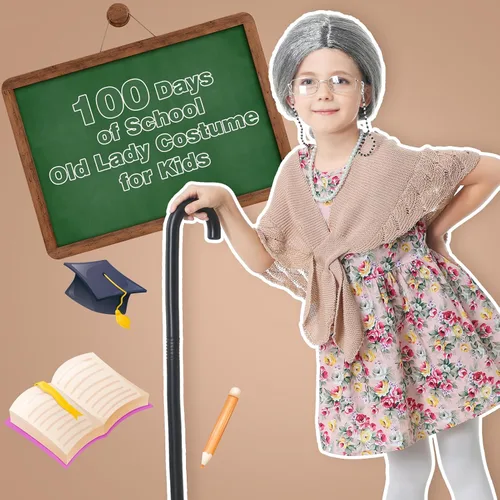 Vista 6 de MERIABNY Disfraz de anciana para niños, disfraz del día 100 de escuela para niñas
