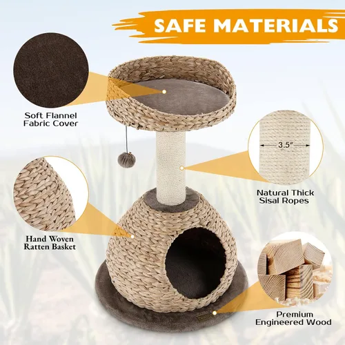 Vista 6 de Tangkula Árbol para gatos moderno, torre para gatos pequeña con poste de rascar de sisal natural, condominio para gatos de mimbre hecho a mano