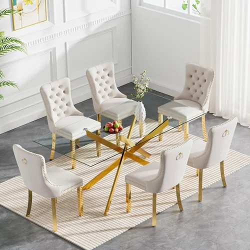Vista 12 de Juego de 4 mesas de comedor pequeñas de 36 pulgadas, mesa de comedor redonda de vidrio templado y 4 sillas de comedor de terciopelo beige, juego