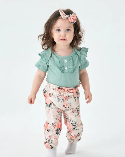 Vista 3 de Conjunto de ropa para bebé recién nacido, mameluco con pantalón floral, ropa de algodón para niñas