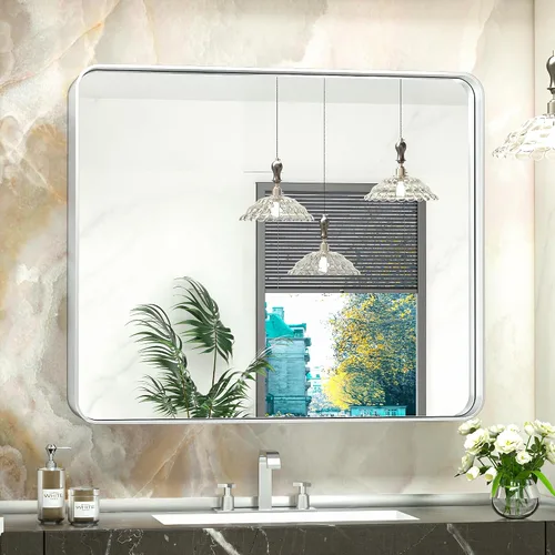 Vista 79 de TokeShimi Espejo de pared de baño de níquel cepillado de 20 x 30 pulgadas, marco de metal, esquina redonda, rectangular, para decoración del hogar