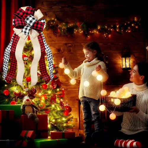 Vista 9 de Decoración para árbol de Navidad, diseño de búfalo grande, arpillera roja y negra, lazo de regalo para árbol de Navidad, decoración de fiesta