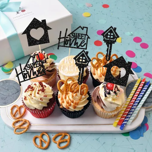 Vista 7 de Gyufise Paquete de 24 adornos para cupcakes Sweet Home con purpurina para inauguración de la casa, para bienvenida, nuevo hogar, fiesta temática