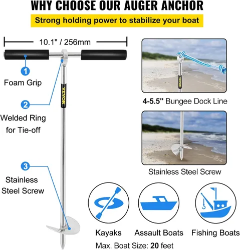 Vista 3 de VEVOR Anclaje de arena, barrena de 18 pulgadas de longitud para la playa y barra de arena, anclaje de tornillo de acero inoxidable 304 con mango