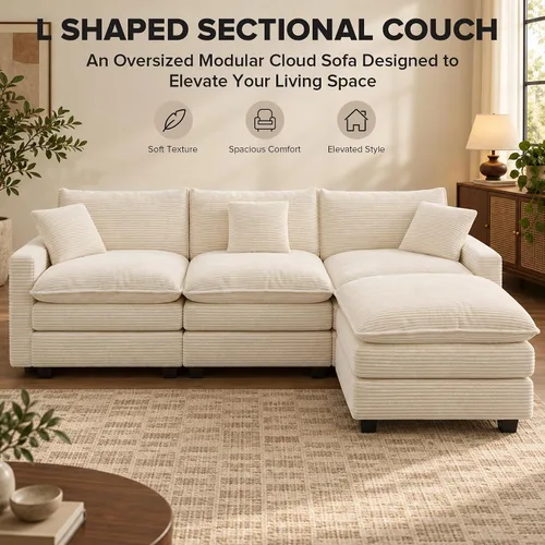 Vista 7 de Sofá seccional modular de 107", sofá de nube en forma de L con otomana Beige