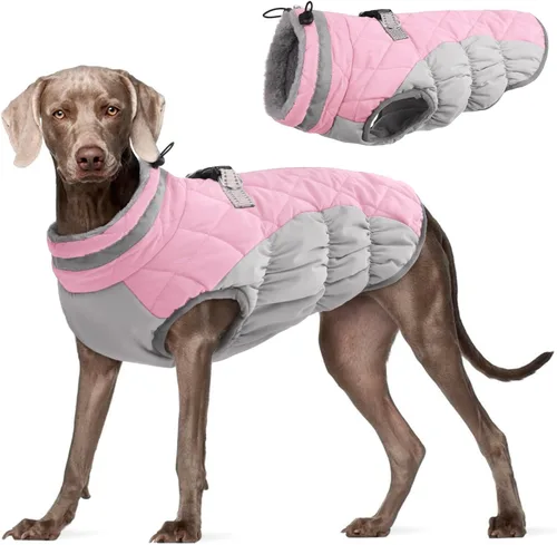 Vista 57 de Abrigo para perro, chaqueta cálida de invierno, acolchada, de vellón, chaleco reflectante con arnés, chaqueta de nieve impermeable con cremallera, a