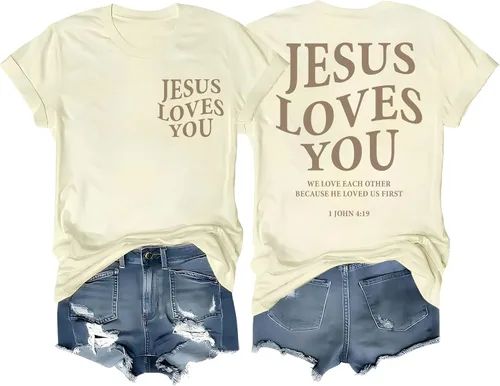 Vista 3 de Camisetas cristianas para mujer con texto en inglés «Jesus Loves You», camiseta con texto en inglés «Jesus Loves You», camiseta con texto en inglés
