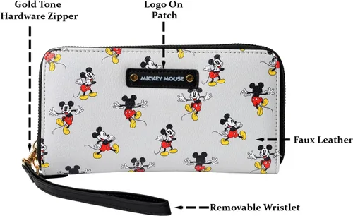 Vista 4 de Disney Cartera de mano Mickey Minnie Mouse Winnie Pooh con cremallera de piel sintética, Mickey Mouse Gris