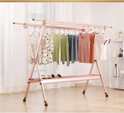 Vista 7 de UNNS Perchero plegable de acero inoxidable plegable telescópico para ropa, barra de ropa de doble barra para ropa, perchero de aleación de aluminio
