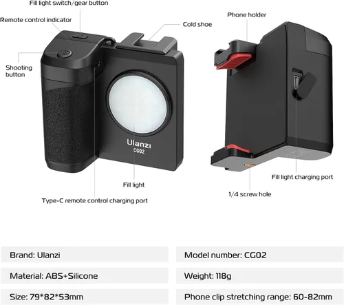 Vista 5 de ULANZI VL49 RGB Video Light + ULANZI CG02 - Mango de obturador de cámara para smartphone sin graduación