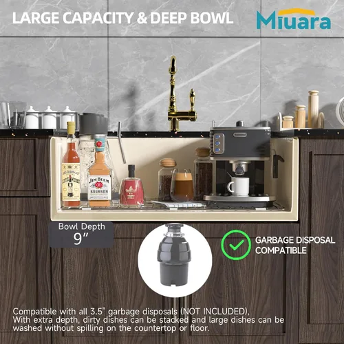 Vista 6 de Miuara Farmhouse - Fregadero de cocina frontal con delantal de arcilla refractaria de hueso de 33 x 18 pulgadas For kitchen, Heavy duty fireclay