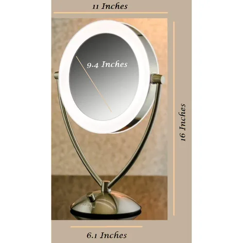 Vista 9 de Ovente Espejo de maquillaje de mesa iluminado de 9.5 pulgadas, LED, regulable, 1 lupa 5X, 360 ajustable, doble cara, funciona con batería, funciona
