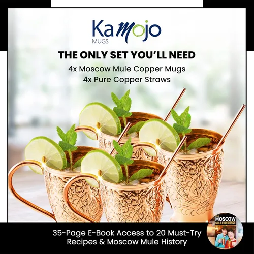 Vista 5 de Kamojo Moscow Mule Cups - Juego de 4 tazas de cobre Moscow Mule de primera calidad con diseño único en relieve y antideslustre, revestimiento