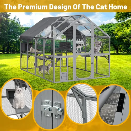 Vista 4 de Catio grande de madera para exteriores de 110 pulgadas, recintos para gatos al aire libre, cubierta resistente a la intemperie, dos puertas