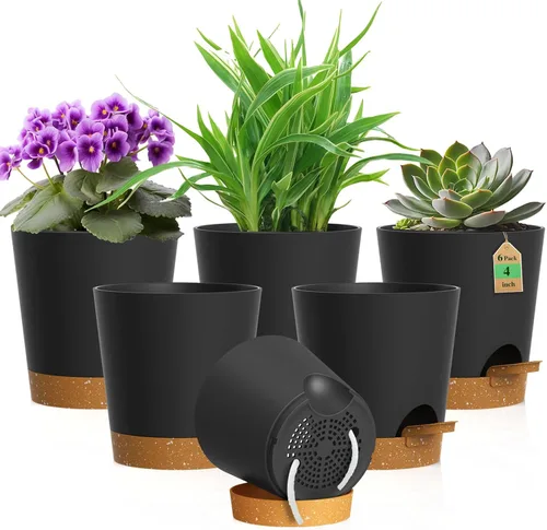Vista 15 de WSMKSZ Macetas de riego automático de 4 pulgadas para plantas de interior y exterior, paquete de 6 macetas de plástico con agujeros de drenaje