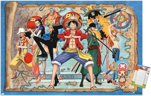 Vista 12 de One Piece - Póster de pared con mapa grupal, 22.4 pulgadas de largo x 14.7 pulgadas de ancho, versión enmarcada de madera de granero