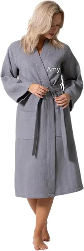 Vista 22 de Turkish Linen Bata tipo kimono ligera de punto gofre, para spa y baño, para mujer, de secado rápido, suaves Negro