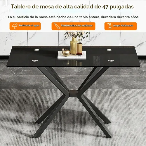 Vista 5 de Juego de 4 mesas de comedor de cristal negro, mesa de cocina minimalista moderna de 47 pulgadas con 4 sillas de comedor clásicas negras y plateadas