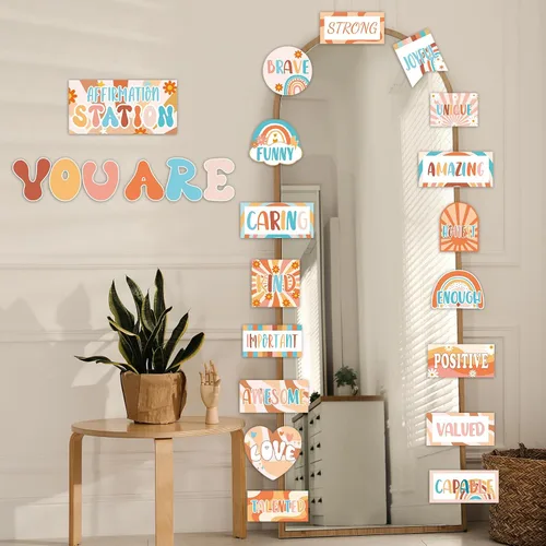 Vista 7 de Groovy Affirmation Station - Juego de tablones de anuncios para decoración de aula, estilo bohemio, retro, hippie, motivacionales, Groovy You Are