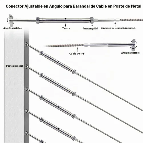 Vista 2 de Kit de accesorios de barandilla de cable de acero inoxidable para postes de metal, sistema de barandilla de cable de 1/8, tensor de pasador