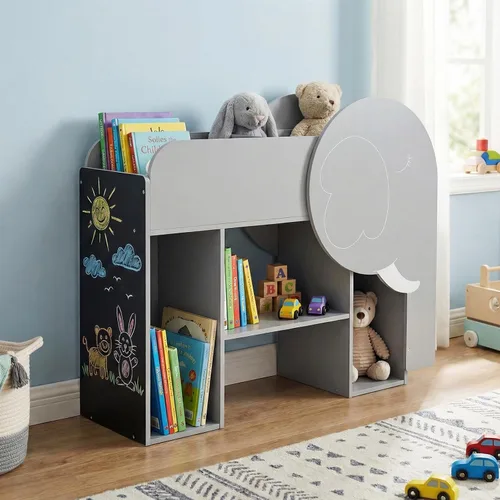 Vista 2 de Costzon Estantería elefante para niños, organizador de almacenamiento de juguetes de 3 niveles con pizarra, 5 cubos y juguete de ábaco de 3 filas