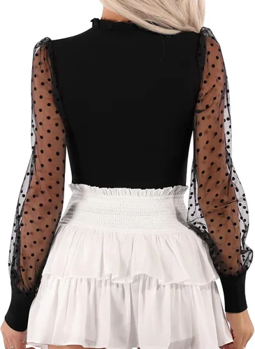 Vista 4 de MANGOPOP Women's Bodysuit Ruffle Mock Turtle Neck Polka Dot Sheer Mesh Long Sleeve Blouse Body Suit Tops