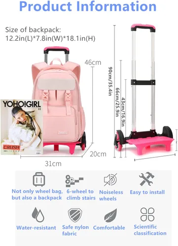 Vista 4 de Mochila con ruedas para niñas, capacidad escolar, bolsas de primaria con ruedas, 6 ruedas-morado, Six Wheels