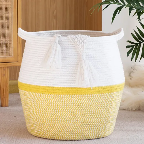 Vista 7 de KAKAMAY Cestas tejidas para almacenamiento (17 x 17 pulgadas), cesta grande de lavandería para bebé tejida con cuerda de algodón, cesta de Flecos
