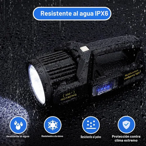 Vista 6 de Linterna de foco recargable, 2,000,000 L lúmenes, luz LED de mano con rotación de 350°, 9 modos, carga solar y USB-C, impermeable, linterna