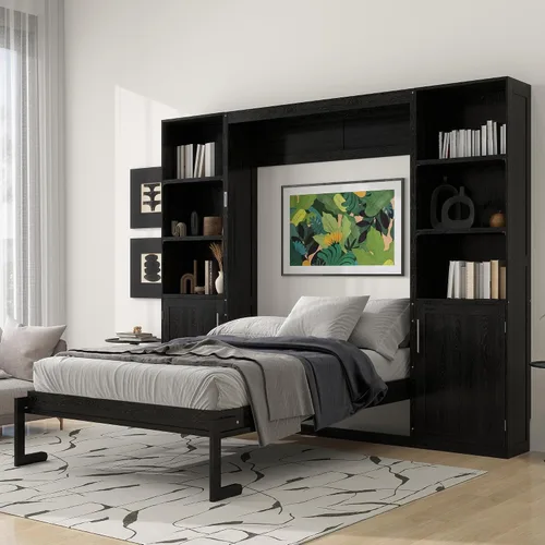 Vista 13 de Cama Murphy de Pared Tamaño Queen con Escritorio en Forma de L, Sofá de 2 Asientos y Luz, Marco de Cama Murphy Tradicional de Madera Maciza