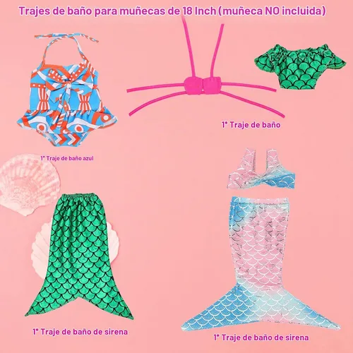Vista 4 de Ropa de muñeca de 18 pulgadas, 3 conjuntos de trajes de princesa cola de sirena traje de baño bikini