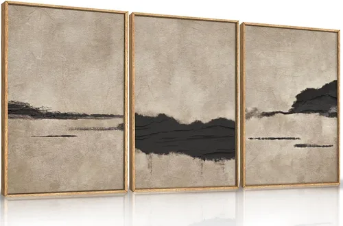 Vista 12 de Lienzo decorativo abstracto grande con marco naranja quemado, decoración de pared azul neutro y negro, arte moderno con pinceladas, impresión