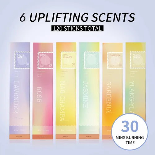 Vista 4 de Huacense - Varillas de incienso floral – Juego de regalo de 120 varillas de 6 aromas aromáticos – Nag Champa, lavanda, rosa, jazmín, ylang-ylang