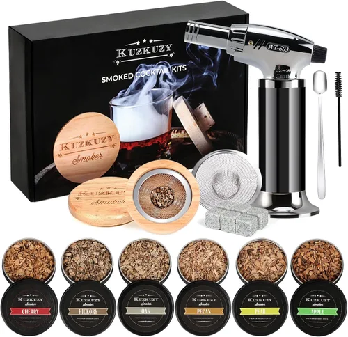 Vista 7 de Kit para ahumar cócteles - Kit ahumador para whisky con pistola ahumadora, caja ahumadora, astillas de madera de 6 sabores con piedras para whisky