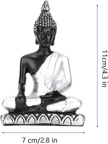 Vista 6 de Estatua de Buda - Adorno artesanal de resina, mejora el Feng Shui para budistas y amantes del arte (plata vintage)