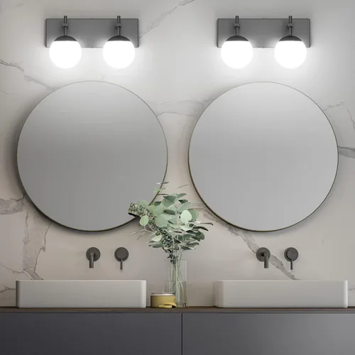 Vista 4 de Ralbay Lámpara de pared de baño negra mate, 2 luces, iluminación moderna de mediados de siglo, luz de tocador de globo de vidrio lechoso negro