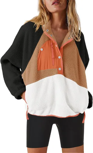 Vista 25 de Nirovien - Chaqueta de forro polar con capucha para mujer, manga larga, sherpa, sudadera mullida, abrigada, con botones y bolsillos Un rosa