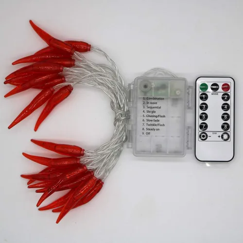 Vista 2 de Guirnalda de luces de chile rojo, 10 pies, 20 luces LED de chile, funciona con pilas, luces de hadas Contol para bodas, Año Nuevo chino, festival