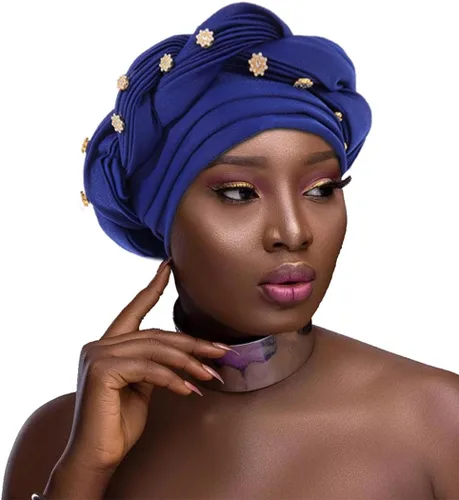 Vista 2 de Woeoe Turbante africano para mujer, gorro trenzado previamente atado, con diamantes de imitación, turbantes suaves y elásticos para la cabeza