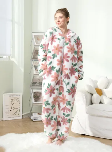 Vista 4 de Focupaja Pijama mullido con capucha para mujer, con cremallera, forro polar cálido, estampado de una pieza, ropa de dormir de invierno para Navidad