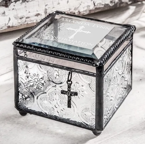 Vista 2 de Regalo de confirmación recuerdo personalizado grabado personalizado vintage vitral joyería baratija rosario caja J Devlin 631 EB221